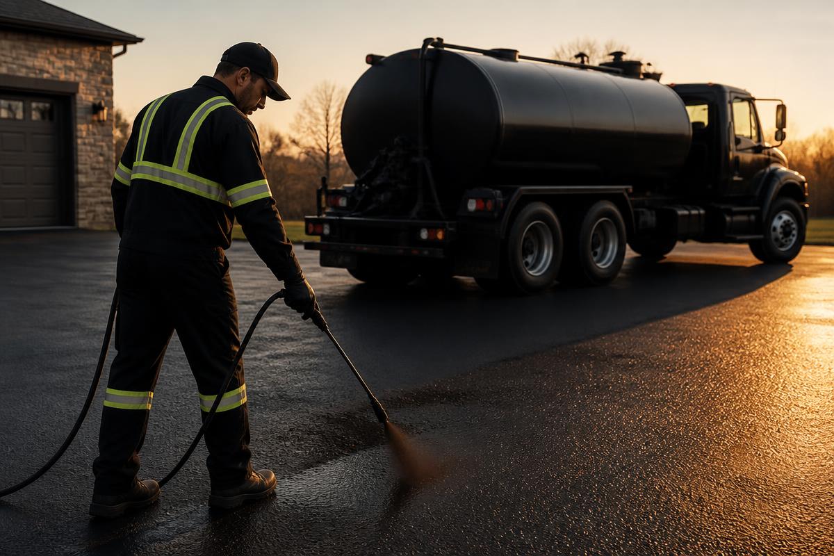 PrimeGuard technician spraying sealcoat onto an asphalt driveway