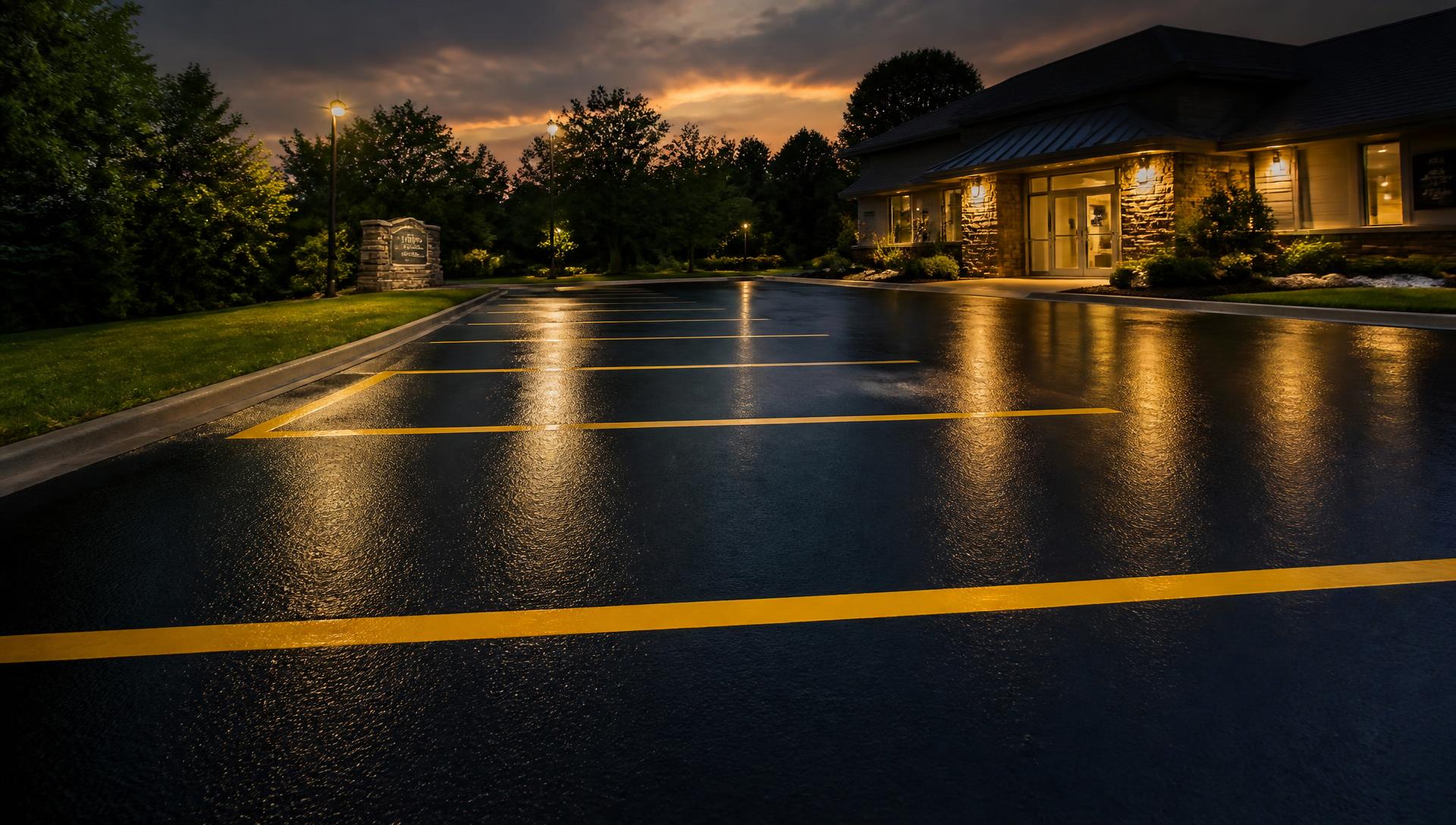 Freshly sealcoated black asphalt parking lot with bright yellow striping at dusk